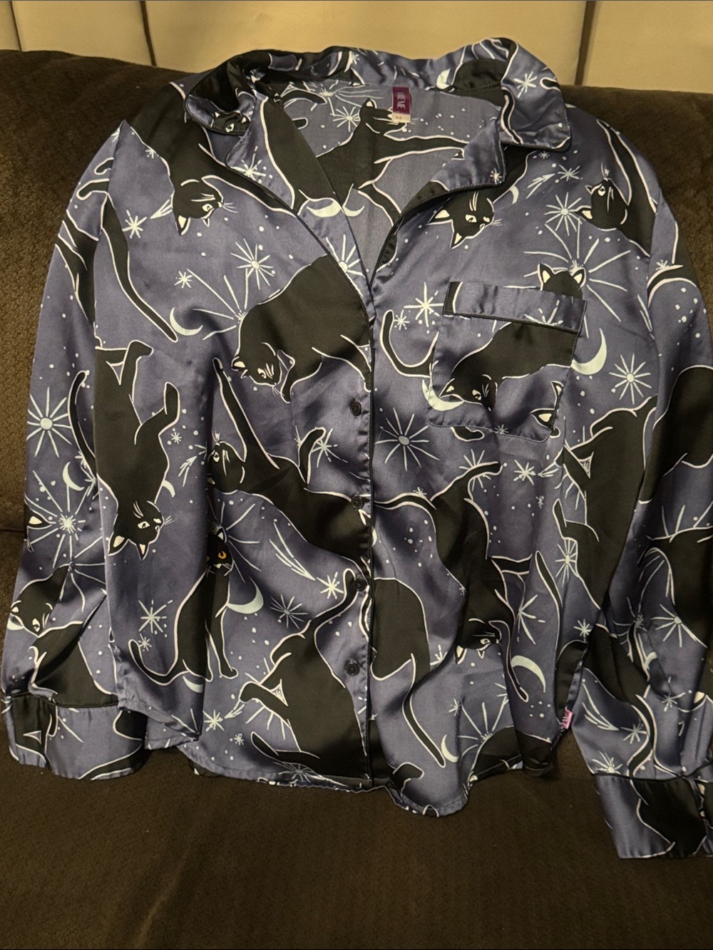 Silky Midnight Cat Print Pajama Top - Navy